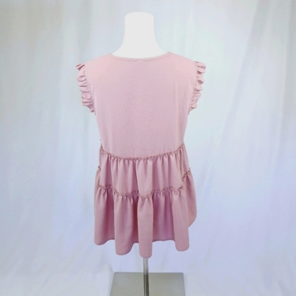 Ruffle Tiered Sleeveless Top Pink Babydoll Style V-Neck S Ruffle Trim - Picture 5 of 6